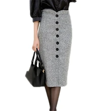 Корейские осенние зимние женские облегающие теплые шерстяные юбки с высокой талией, женские офисные Стильные прямые юбки на пуговицах O323