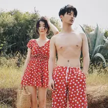 Couples Swimwear Women 2 Pieces Bikini Sets Cover Up Mans Beach Trunks Shorts Lover's Girls Printed Swimsuit Beach Dress