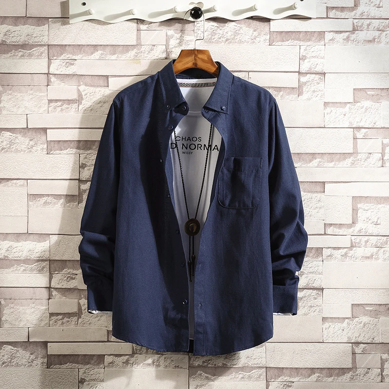 

Loose Fashion Shirts Long Sleeve solid Casual Men Artistic MOOWNUC Turn-down Collar Cotton Male Youth MWC Shirts Popular Youth