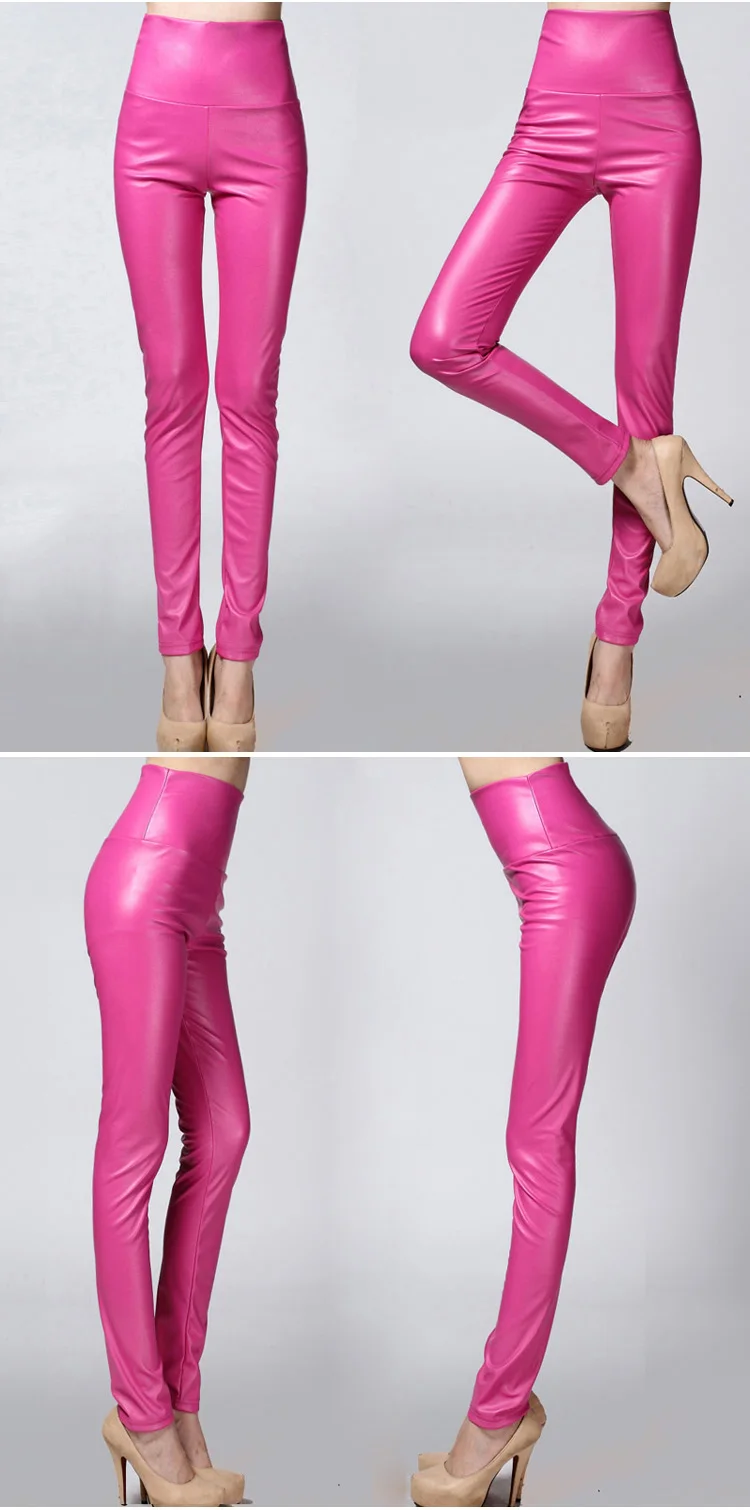 Autumn and winter large size with fleece PU color imitation leather leggings high waist tight leather trousers for women slim (21)