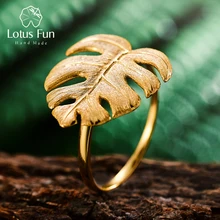 Lotus Fun réel 925 argent Sterling concepteur naturel Bijoux fins 18K or Monstera feuilles anneau anneaux réglables pour les femmes Bijoux