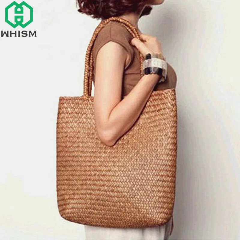 WHISM ручной работы из ротанга корзина для хранения роскошные квадратные стильные сумки соломенная тканая женская сумка на плечо