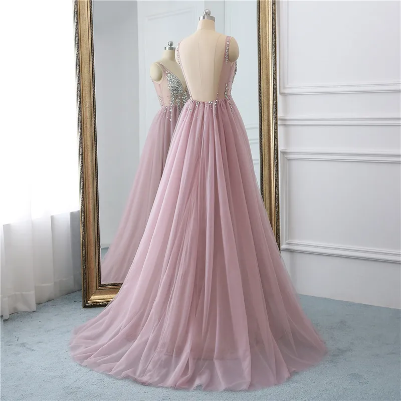 pink prom dress HONGFUYU Sexy High Slit Sleeveless Long Prom Dresses 2020 Backless A Line Beading Floor Length Sequined Prom Dress HFY102301 sage green prom dress