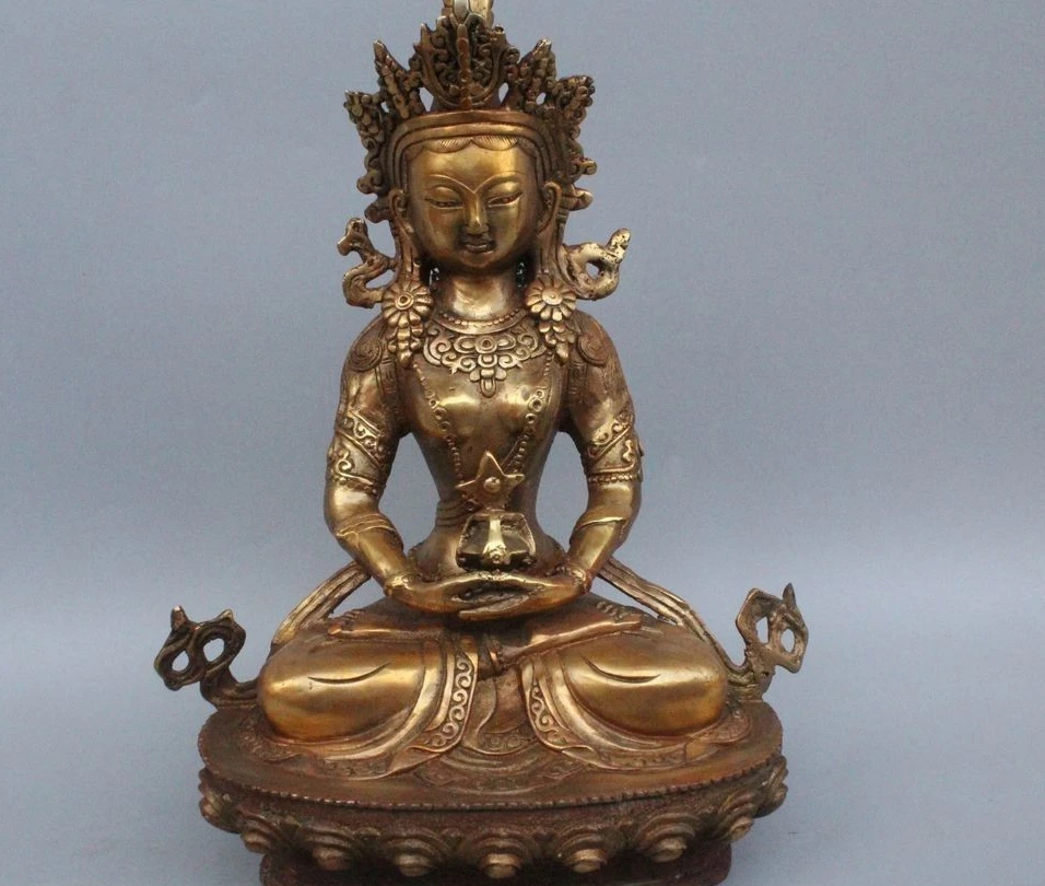 

9" Tibet Buddhism Bronze Gild Seat Amitayus longevity God Goddess Statue Sculptu