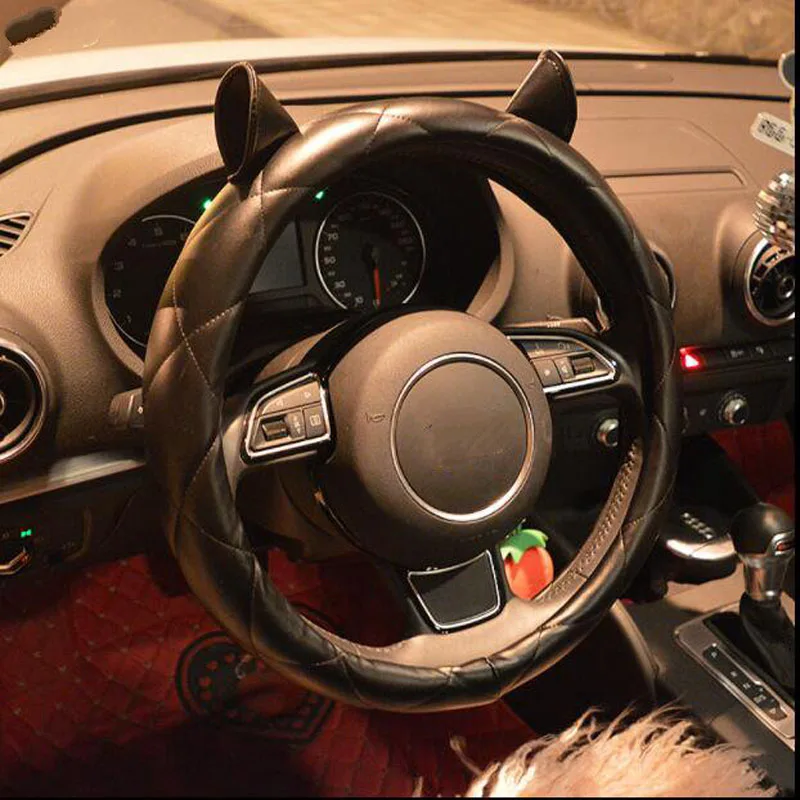 Cat Ear Car Steering Wheel Cover Leather Handle For 38cm Steering Cover PU Leather Car Styling Cat Ear Car Steering Wheel Cover Leather Handle For 38cm Steering Cover PU Leather Car Styling