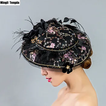

Mingli Tengda European Bride Hat Vintage Embroidery Handmade Hat Black Banquet Stage Styling Tiara Wedding Hair Accessories New