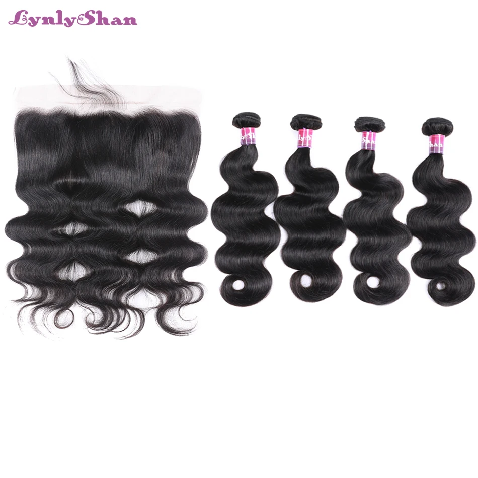 

Lynlyshan Hair Brazilian Body Wave With Lace Frontal 4 Bundles With 13*4 Free Middle Part Lace Frontal 100% Remy Human Hair
