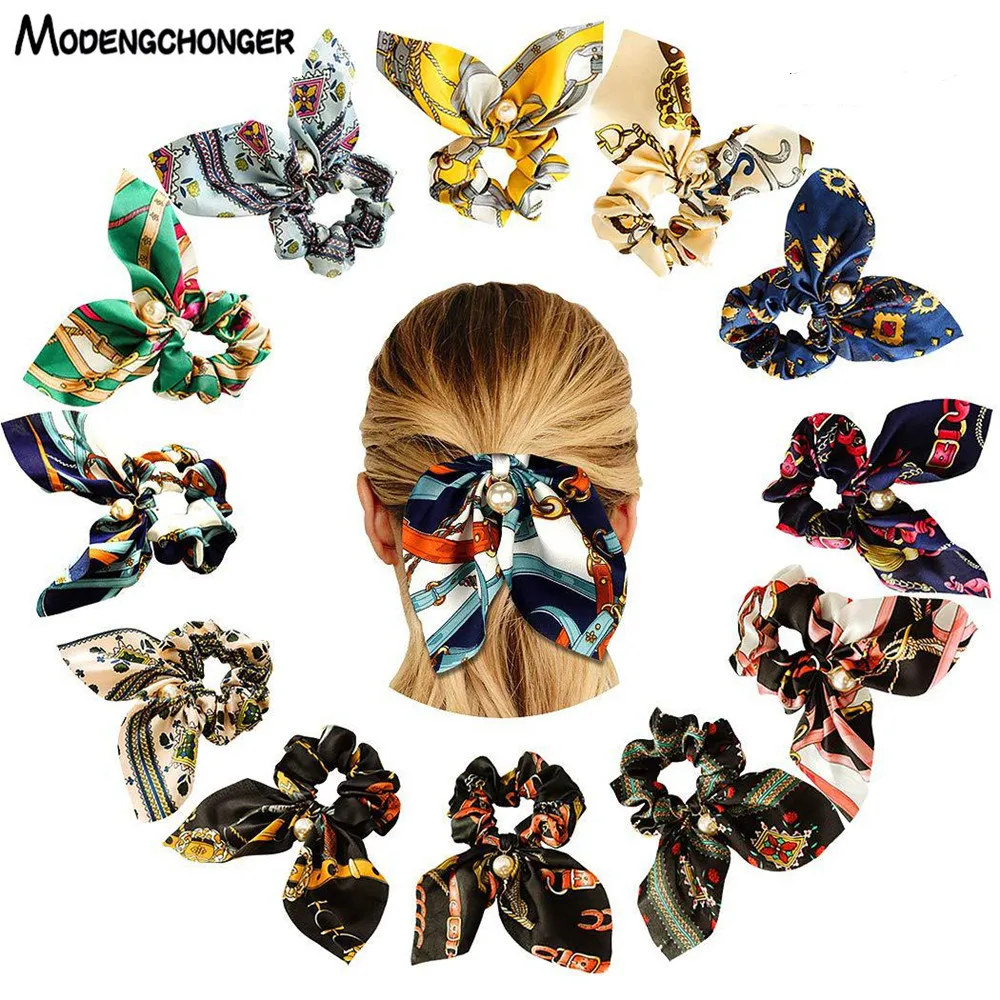 

Chiffon Floral Printed Bowknot Hair Scrunchie Women Pearl Ponytail Holder Rubber Hair Tie Headband Multicolor Hair Accessories