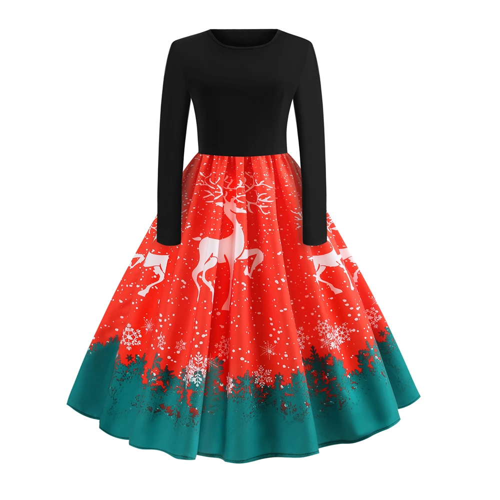 Wipalo Christmas Elk Print Women Dress Round Neck Long Sleeves Vintage Rockabilly Swing Retro Vestidos | Женская одежда
