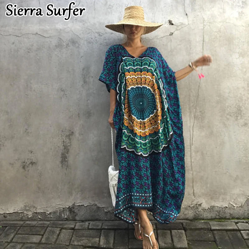 

Saida De Bath Swimwear Female Summer Beach Dress Cover Up Tunic Cape Women New Thailand Indonesia Bat Long Sleeve Print Dress