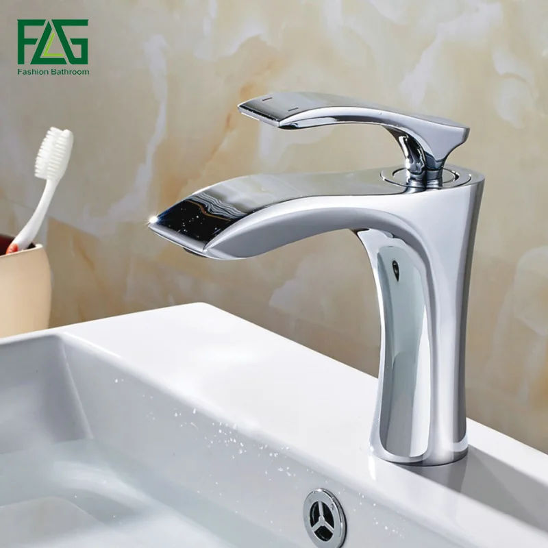

FLG Chrome Solid Brass Bathroom Faucet Cold Hot Water Single Hole Deck Mounted Sink Mixer Single Handle Basin Tap Mixer 245-11