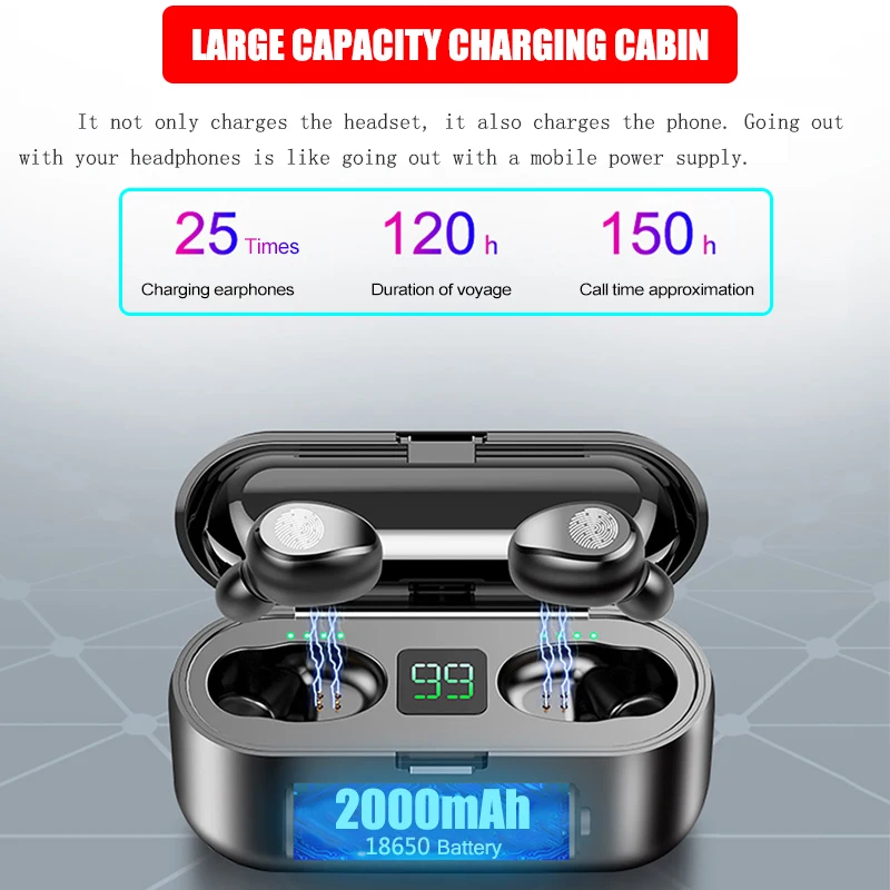 Wireless Earphones F9 TWS stereo auriculares bluetooth HIFI bass IPX7 waterproof 2000mAh charging box sports Bluetooth Earphone