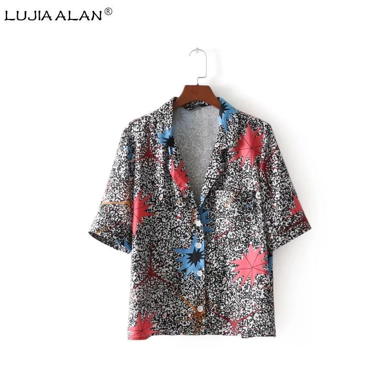 

2018 fashion women Retro printing Single pocket shirt Short sleeve Blouse Camisa Loose Tops Blusa Feminina LS171