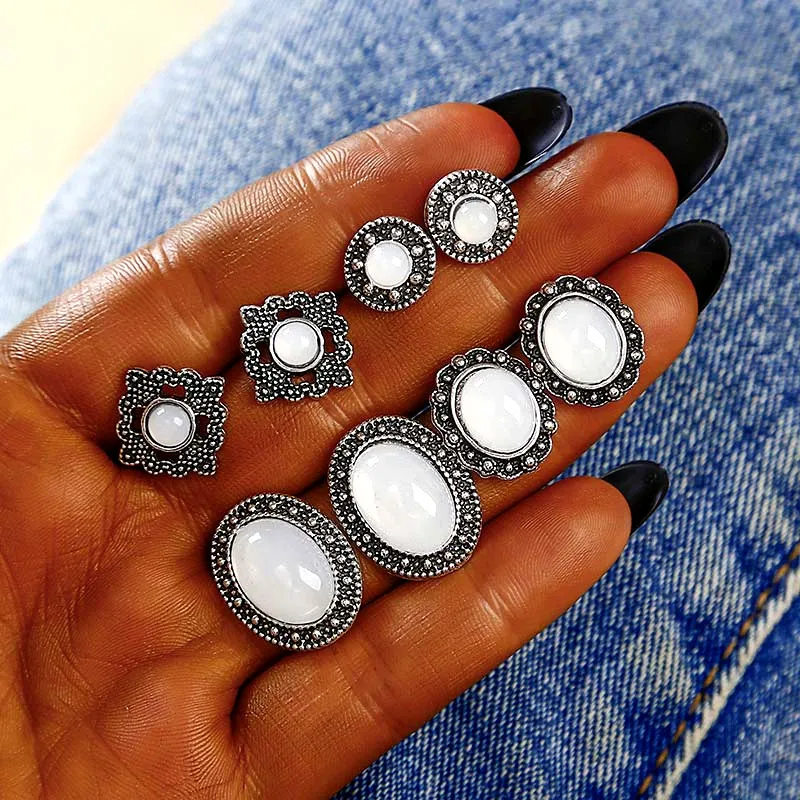 

5 Pairs/Set Big Opal Stud Earrings for Women Wedding Party Boucle D'oreille Earring Jewelry Dazzling Cubic Brincos E0293