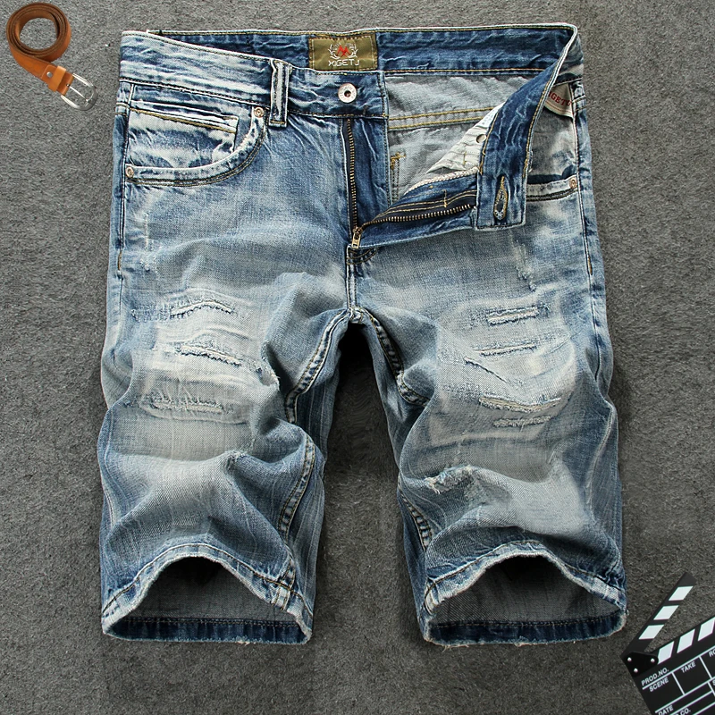 

Italian Style Fashion Men's Jeans Shorts Blue Color Short Ripped Jeans High Quality Vintage Hip Hop Classical Denim Shorts Men