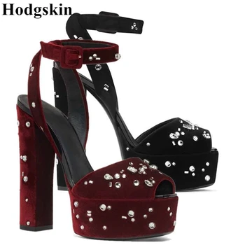 

Wine Black Velvet Platform Sandals Women Peep Toe High Heels Crystal Decors Tribute Gladiator Sandalias Mujer Sexy Shoes Woman
