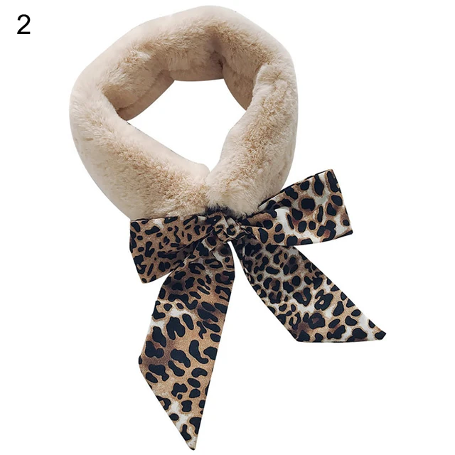 Vintage Winter Women Plush Neck Wrap Leopard Print Chiffon Tie Up Scarf