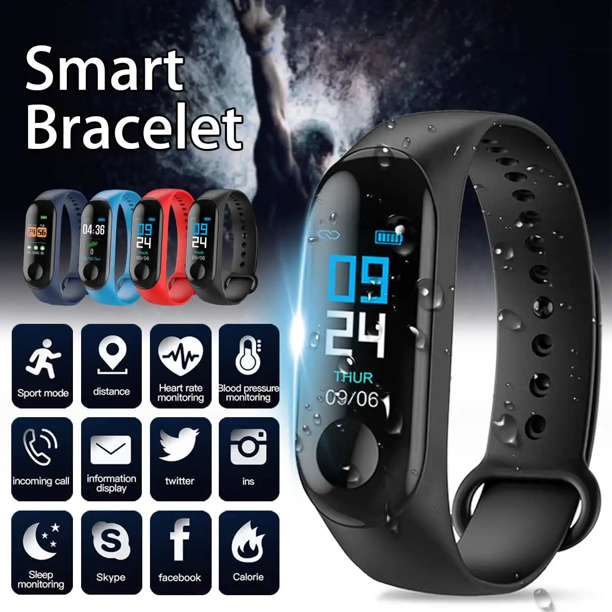 

M3 Color Screen Smart Bracelet Sports Fitness Watch Pedometer Tracker Heart Rate Monitor Blood Pressure Smart Wristband