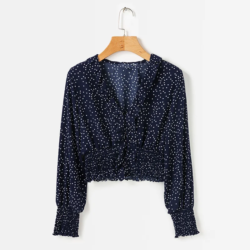 ShejoinSheenjoy Ruffles Chiffon Blouses Women Tops Polka Dot Print Autumn Ladies Shirts V Neck Lantern Sleeve Casual Shirt Top (15)