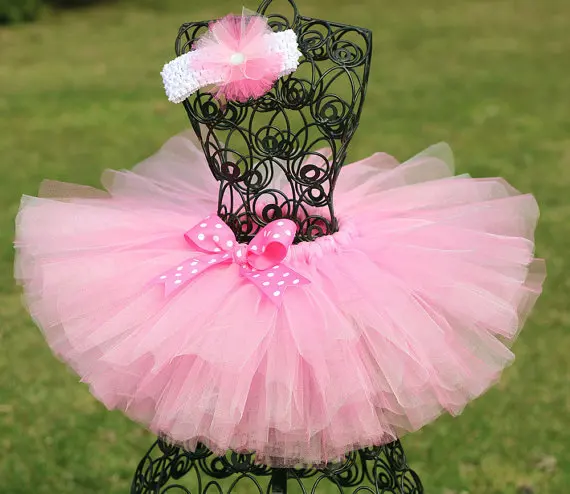Cute Girls Pink Tutu Skirts Baby Handmade Tulle Pettiskirt with Polka Dots Headband Kids Ballet Dance Tutus Clothes Party Tutus