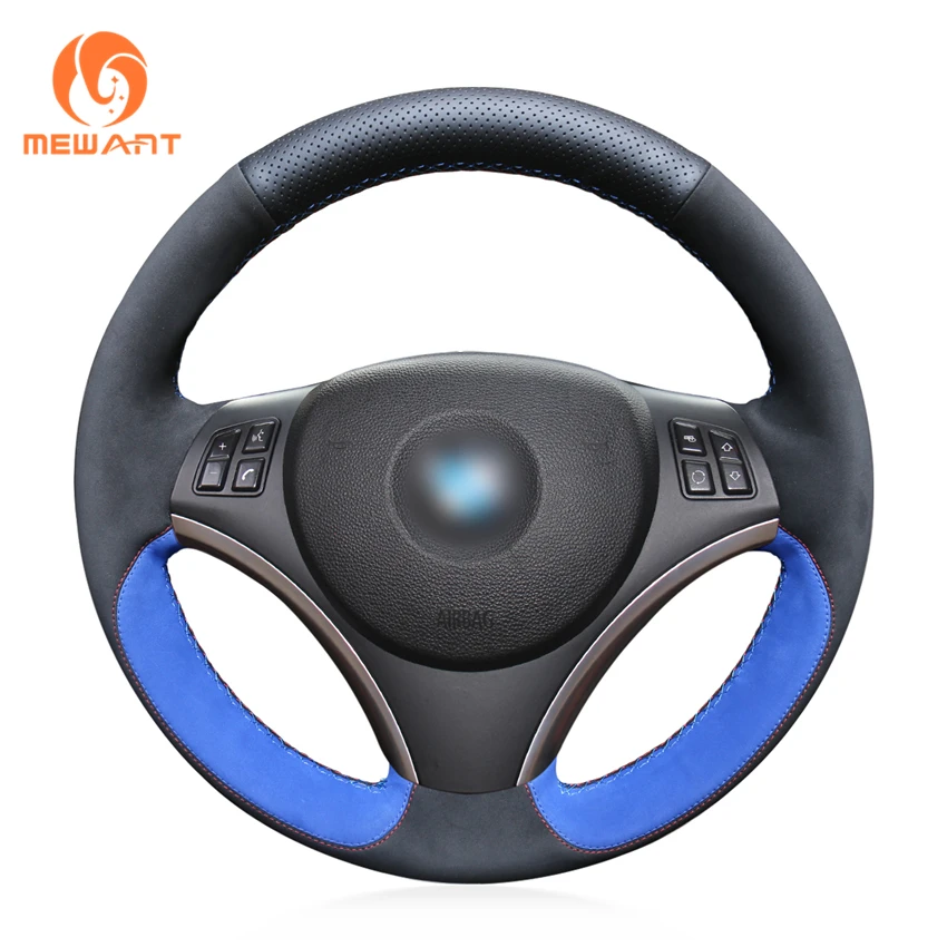 MEWANT Fashion Style Black Genuine Leather Blue Suede Car Steering