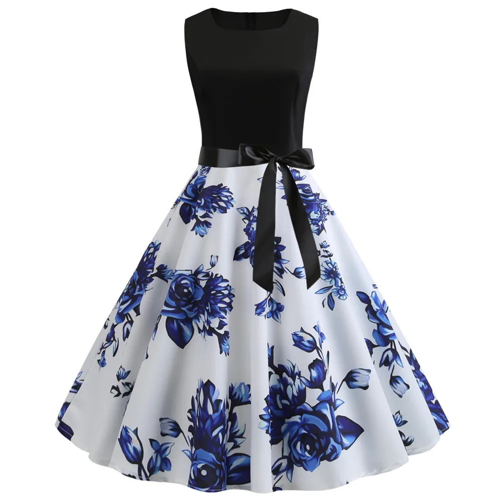 

Women Summer Dress 2019 Robe Pin up Vintage 50s Rockabilly Dress Floral Patchwork A-line High Waist Elegant Office Party Dresses