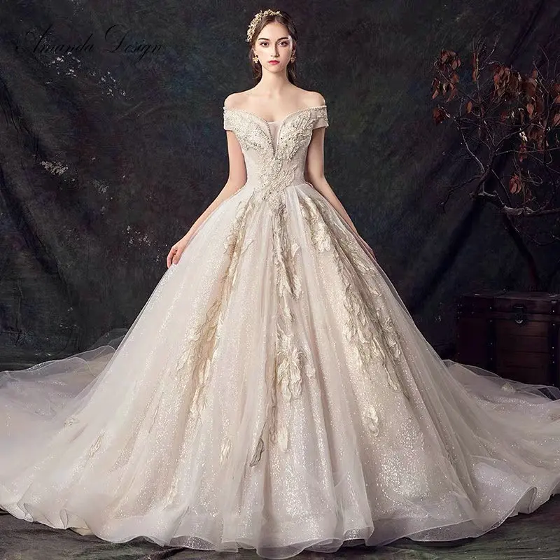 

Amanda Design Off Shoulder Short Sleeve Lace Applique Shiny Wedding Dress