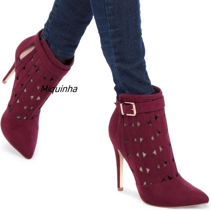 

Trendy Buckle Style Cut-out Thin Heel Sandal Booties Sexy Pointy Stiletto Heel Ankle Boots Elegant Women Burgundy Suede Booties