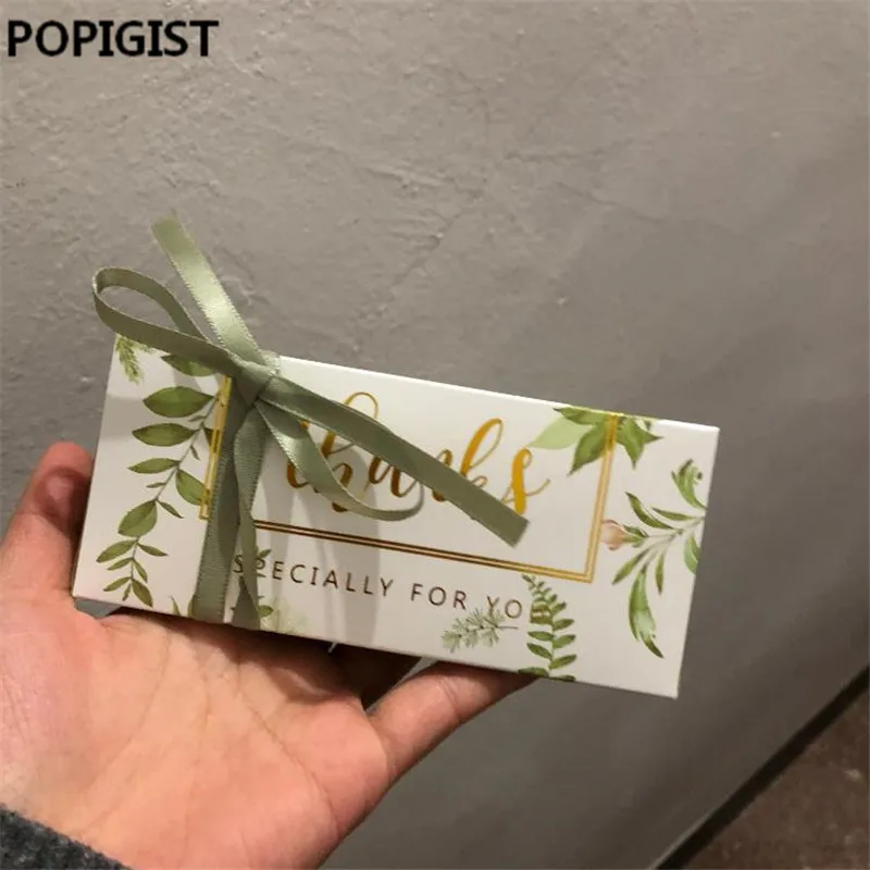 

New European Green Leaves long Candy Boxes with ribbon Wedding Favors Bomboniera Party Paper thanks Gift Box Chocolate Box