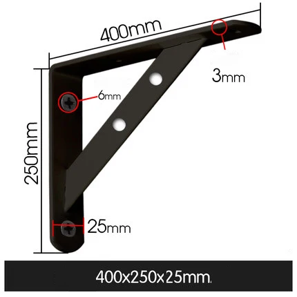 Треугольный Кронштейн утолщенные угловые металлические материалы полка опорный слой фиксированные несущие опорные полки - Цвет: Black 400x250x25mm