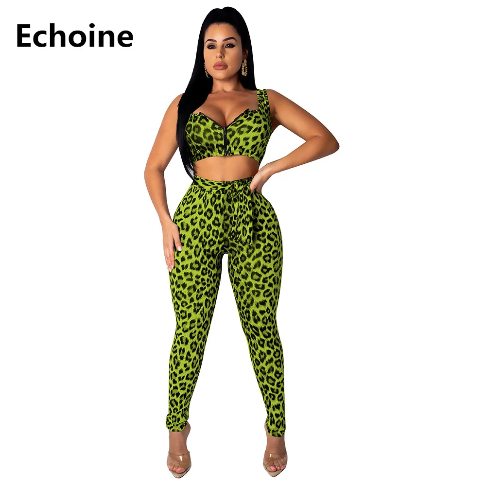 

New Summer Women Two Piece Set Green Leopard Print Crop Tank Top and Pants Sexy Bodycon Skinny Pants Set Elegant Club Outfit Set