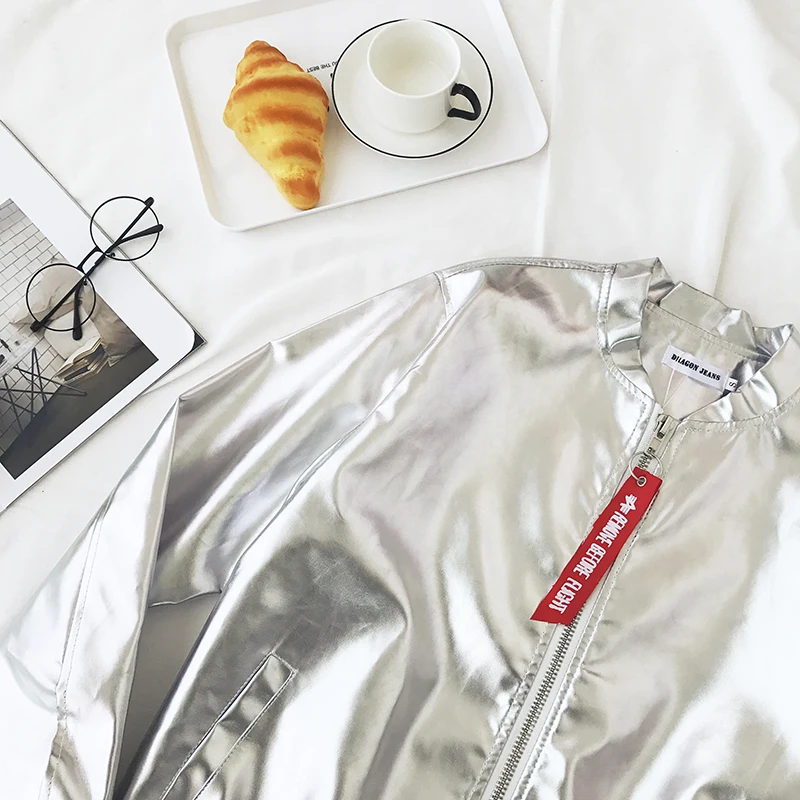 Moto Éclair Pu Ruban Manches Ressort Glissière Femmes Argent Biker Longues Court Fermeture En Femme 2019 À Lâche Cuir Veste Automne zYqIzB6n
