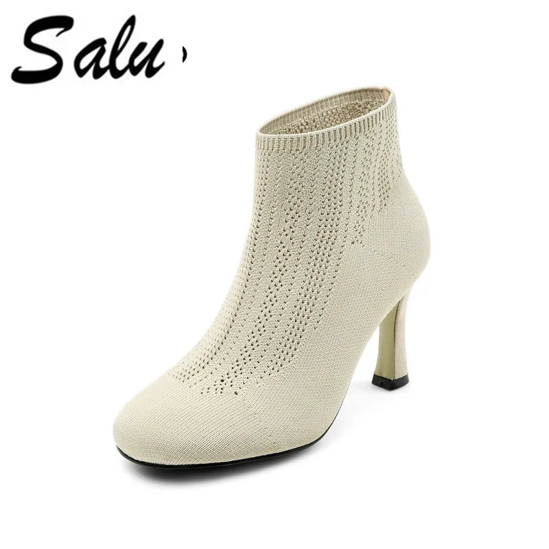 

Salu 2018 fashion autumn winter boots Genuine leather pointed toe zip stiletto heels ankle boots prom high heels ankle boots