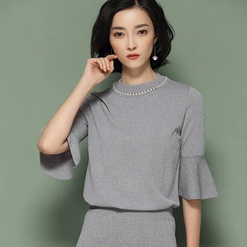 

Knitted Pullovers Women Sweaters 2018 New Summer Half Sleeve Beading Casual Jumpers Loose Pull Femme Woman Knit Tops