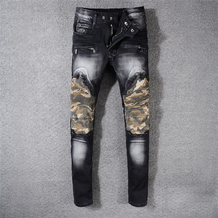 

Autumn and winter new black jeans male Europe and the United States street trend personality camouflage patch pants slim