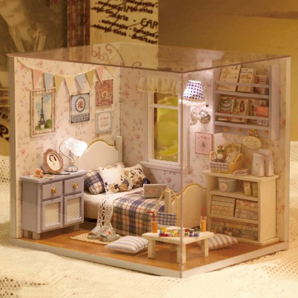 Miniature Dollhouse Furniture Kit Handmade DIY Wooden House With Dust Cover 3D Mini Dollhouse Accessories Birthday Gifts