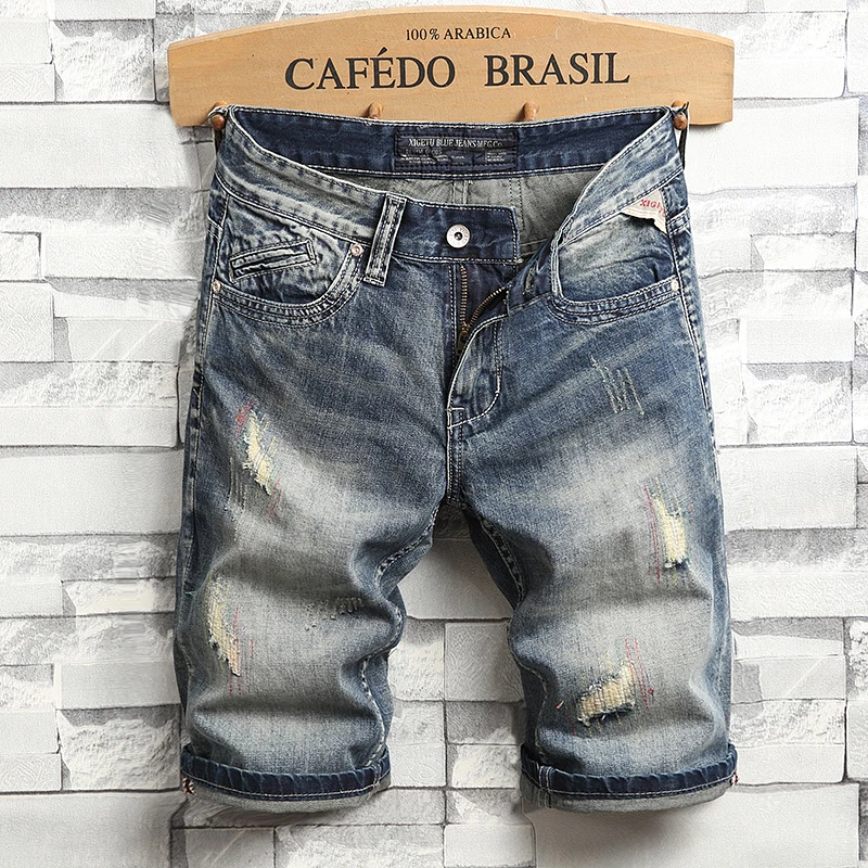 

Summer Fashion Men Jeans Shorts Retro Wash Embroidery Patchwork Ripped Jeans Men Denim Shorts Italian Style Hip Hop Short Jeans