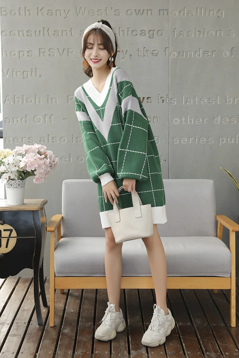 Loose Knitted Sweater V Neck Sweater Female 2018 Women Sweaters dress Pullovers Autumn Long Sleeve Sweater Jumper (15)