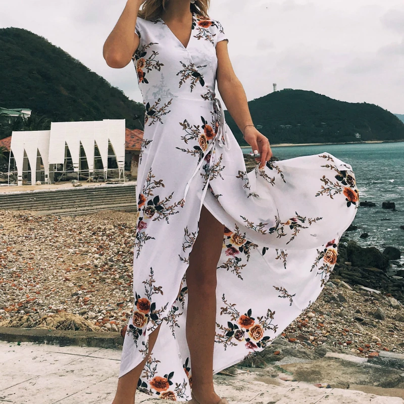 

2018 Women Elegant Dress Floral Printed Chiffon Sexy Beach Wear Vacation Lady Dresses V Neck