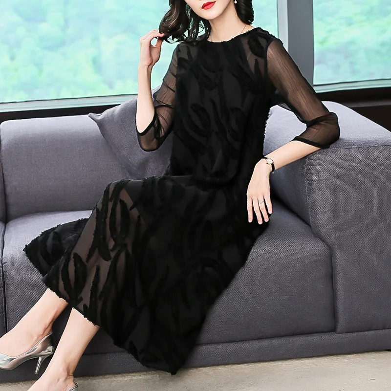 

Plus Size Women Clothing Autumn Dresses Fashion Back Lace Casual Costume Lady Half Sleeves A-Line Dress Office Lady Dress