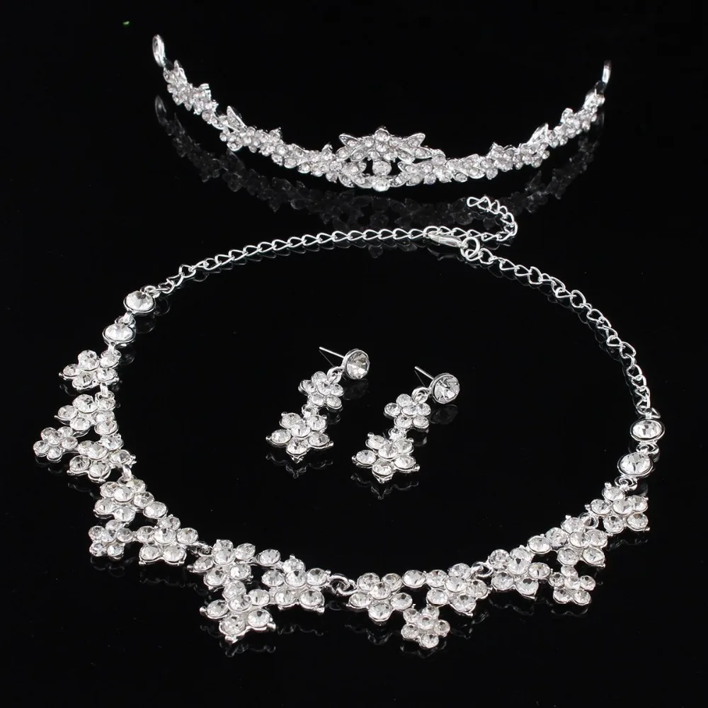 SHOSIXUAN Wedding Pearl Crown Tiara Flower Rhinestone Crystal Neckalce and Earrings Jewelry Sets for Bridal (5)