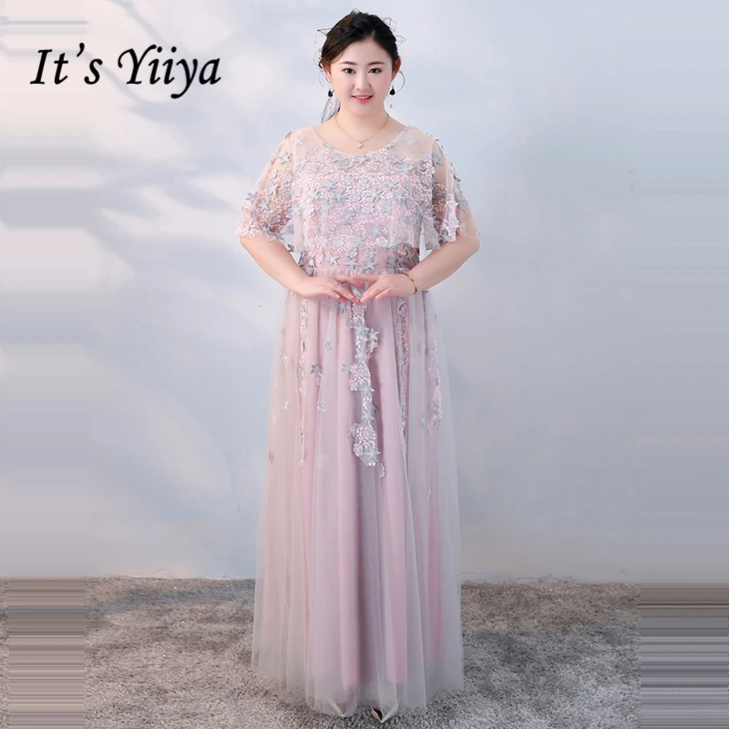

It's Yiiya Formal Evening Dresses O-Neck Plus Size Embroidery Flower Lace Up Floor Length Fashion Designer Formal Dress DM004