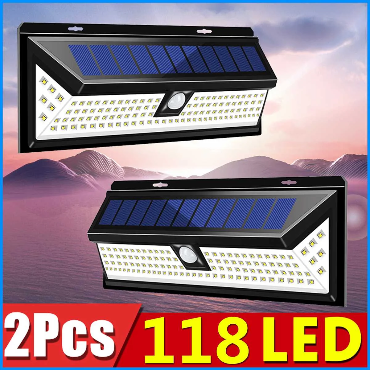 

2pcs 1200LM 118LED Light Waterproof Solar Lamp PIR Motion Sensor Wall Light 3 Modes Solar Security Light Outdoor Garden Lighting