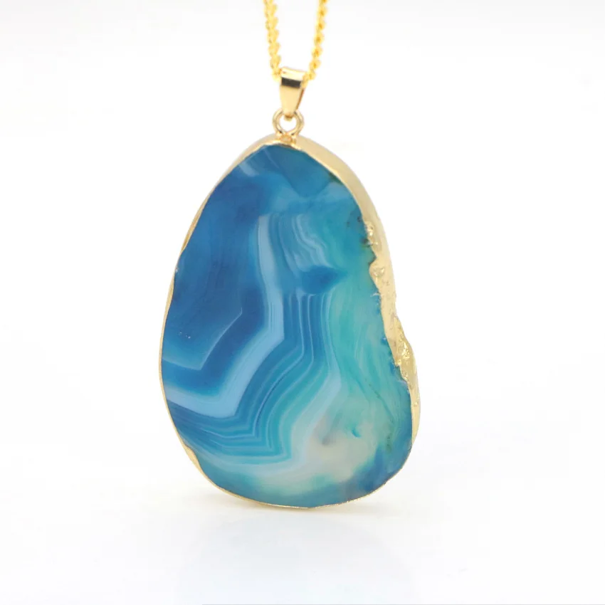 Natural blue agate pendant gold plated necklace (21)