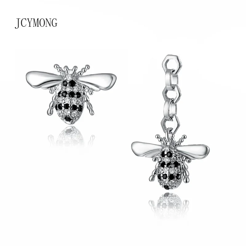 JCYMONG Новый асимметричный серебряный цвет гвоздики Пчелка серьги полный черный белый кубический цирконий модные серьги с кисточками для