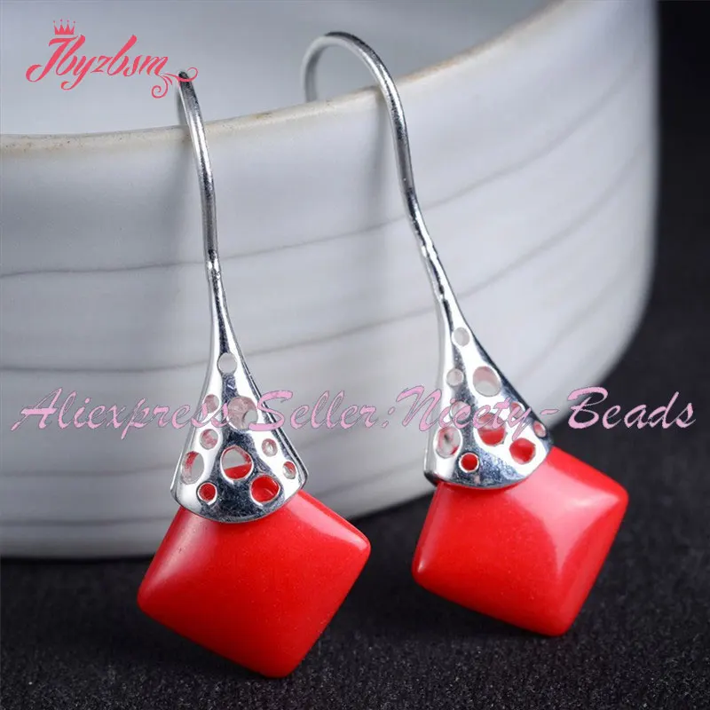 

12mm Square Agates Coral Jades White Tibetan Silver For Party Trendy Fashion Jewelry Hook Earring 1 Pair Wholesale,Free Shipping