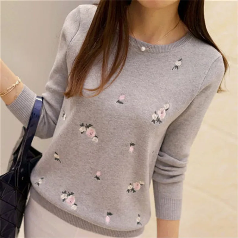 

New Women's Sweater Spring 2017 Autumn Winter Fashion Elegant Peach Embroidery Slim Girl's Knitted Pullover Tops Female ZY3476
