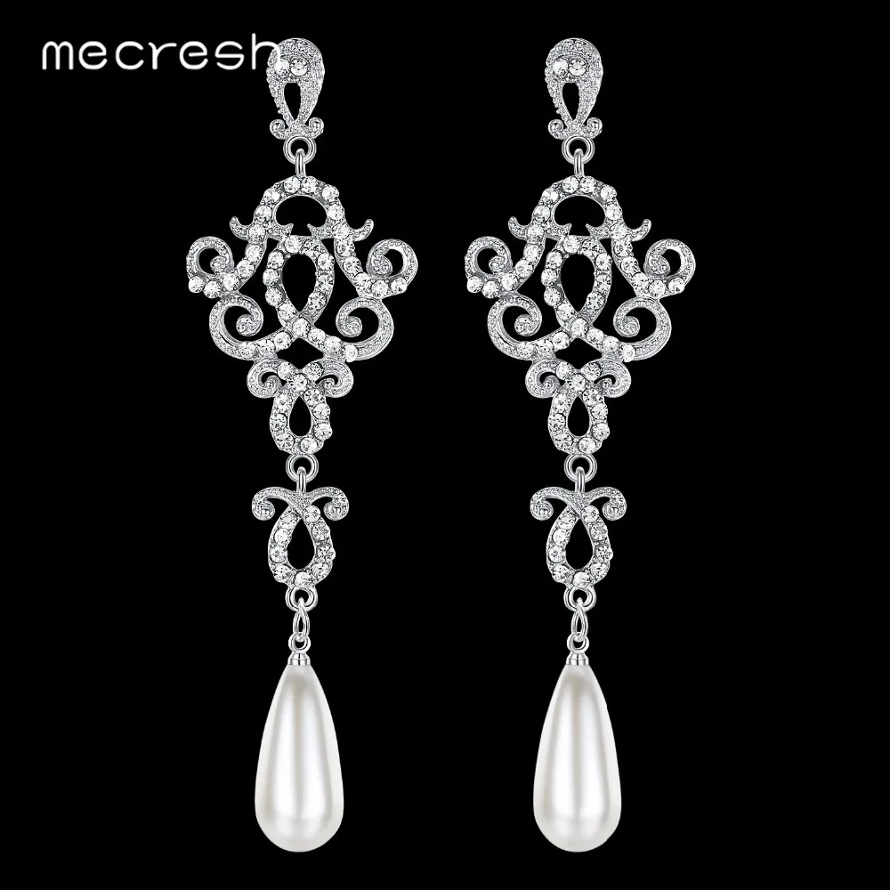 

Mecresh Trendy Silver / Gold Color Crystal Chandelier Long Drop Earrings Simulated Pearl Big Piercing Earrings for Bride MEH1091