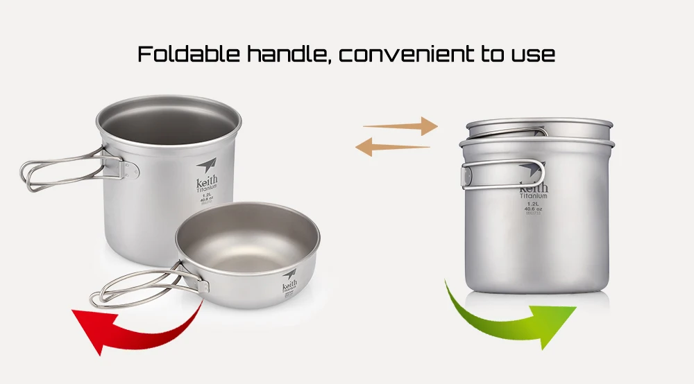 Keith Portable Tableware Foldable Handle 1.2L + 400ml Titanium Pot Bowl 