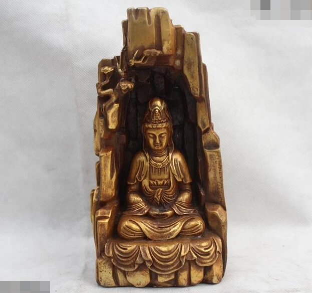 

R0720 Details about 8"Tibet Buddhism Folk Bronze Gild Sit mountain Kwan-Yin Buddha Statue